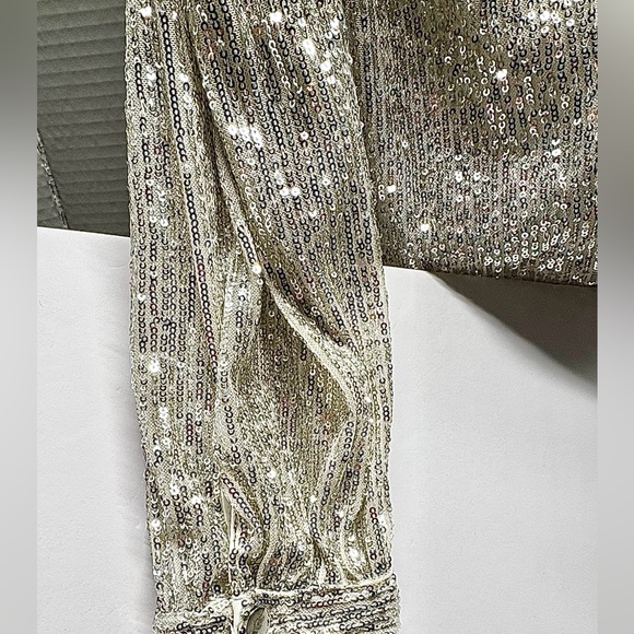 CeCe Women's Long Cold Shoulder Asymmetrical Neck Sequin Top Champagne - Picture 5 of 14